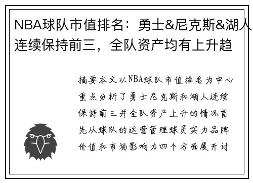 NBA球队市值排名：勇士&尼克斯&湖人连续保持前三，全队资产均有上升趋势。